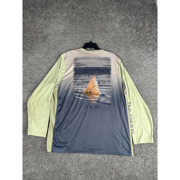 HUK Fishing Shirt Mens 2XL Gray Yellow Off Shore Fishing Performance Fish FLAW - Picture 1 of 15